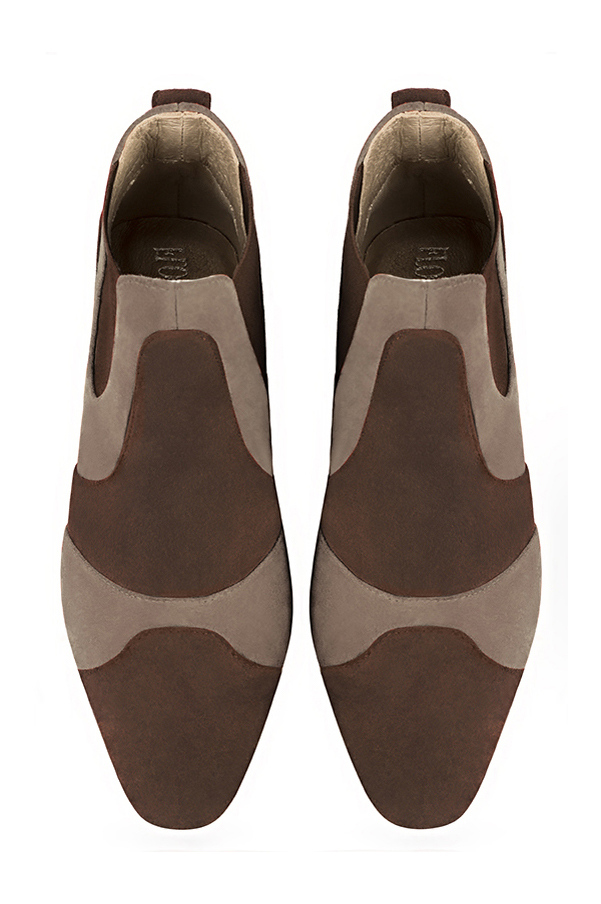 Chocolate brown and tan beige women's ankle boots, with elastics. Round toe. Low flare heels. Top view - Florence KOOIJMAN